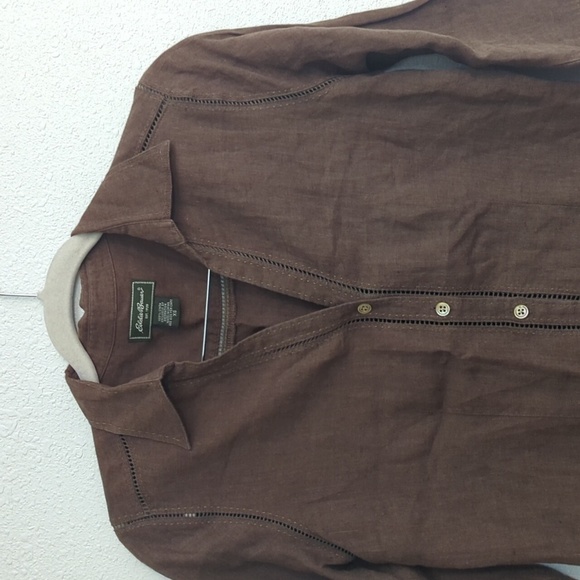 Eddie Bayer 100% Linen Botton Down V-Neck Top Brown Women's XS Lagenlook - Picture 2 of 14